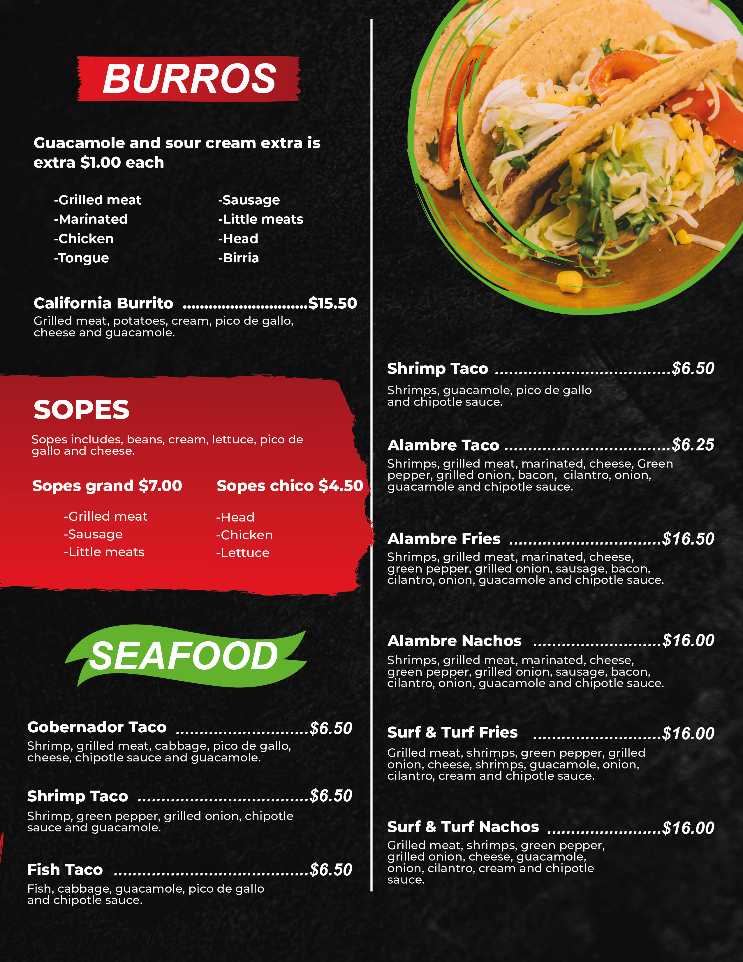 Menu | El 2 Carnales Taqueria & Pizza